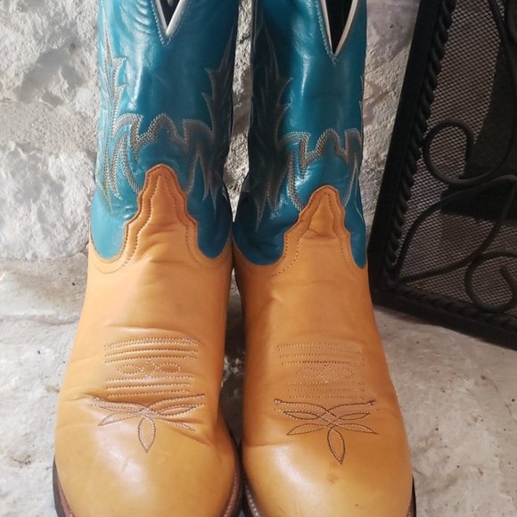 Tony Lama Womens Vintage 8.5 M Turquoise and Goldenrod with Black Accent Boots - Picture 3 of 6